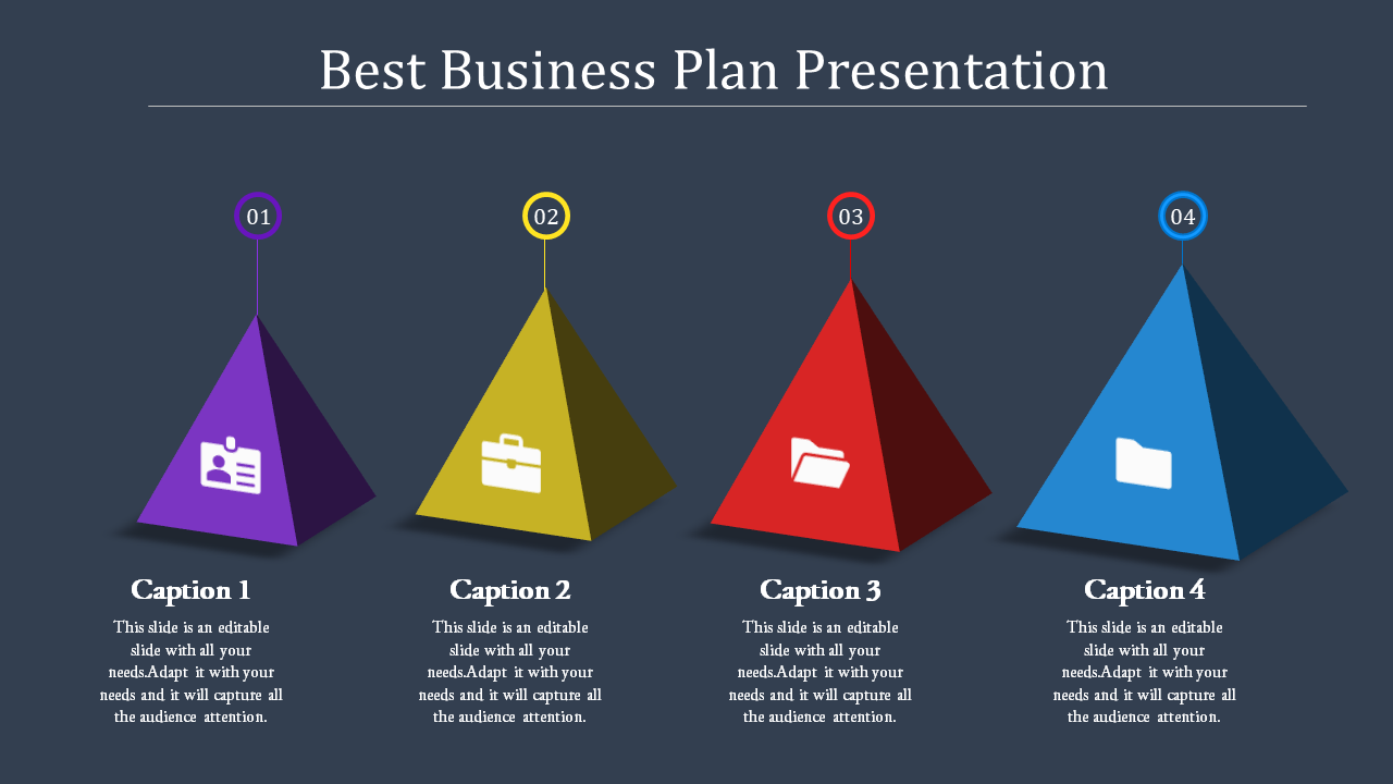 Business plan PowerPoint slide with four pyramids in different colors, each containing an icon and a caption.