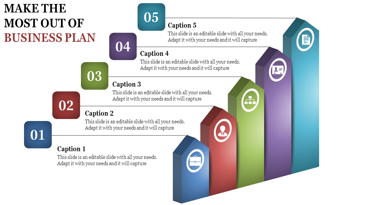 PowerPoint slide showing five colorful steps with icons, representing key elements of a business plan with captions.