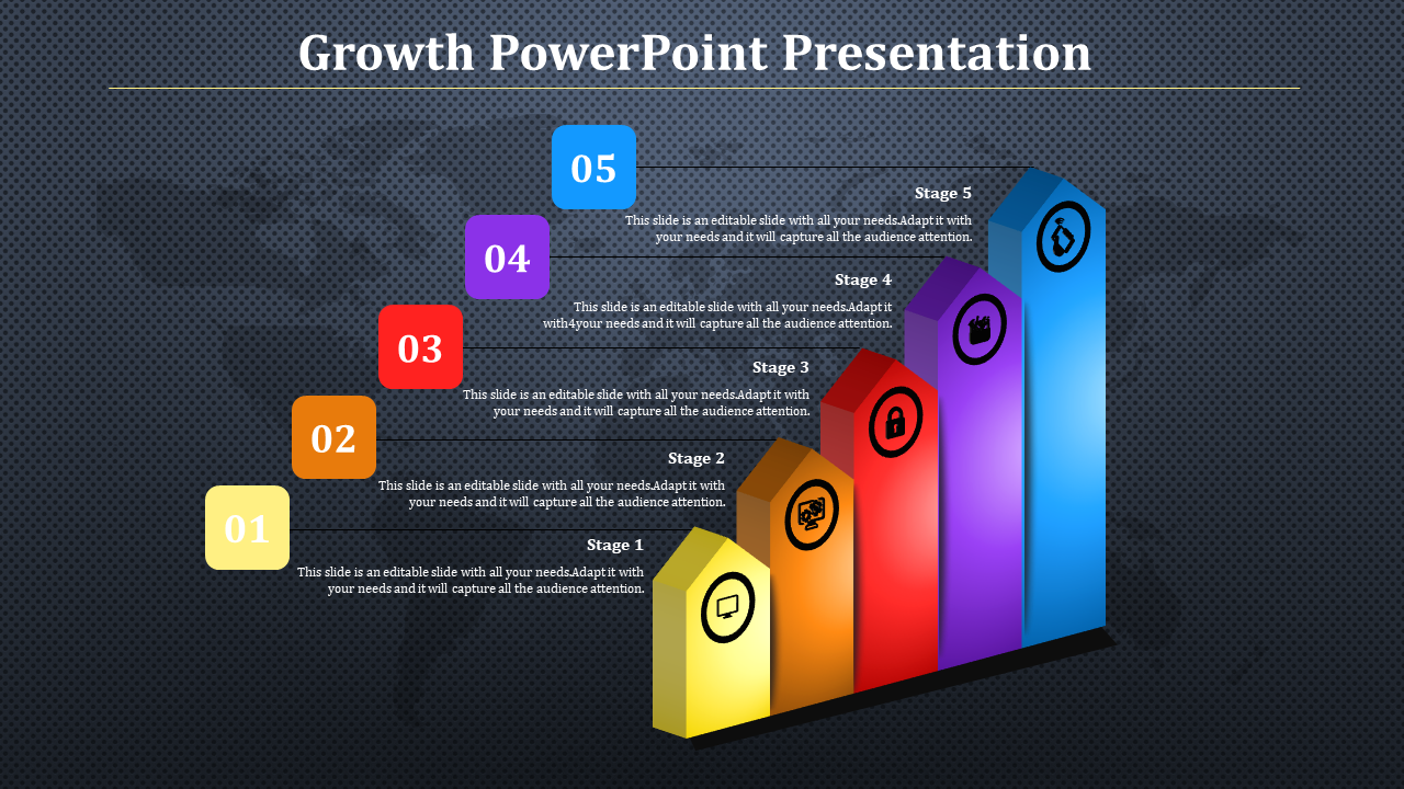 Growth slide featuring a 3D staircase graph with stages in yellow, orange, red, purple, and blue blocks, indicating progress.