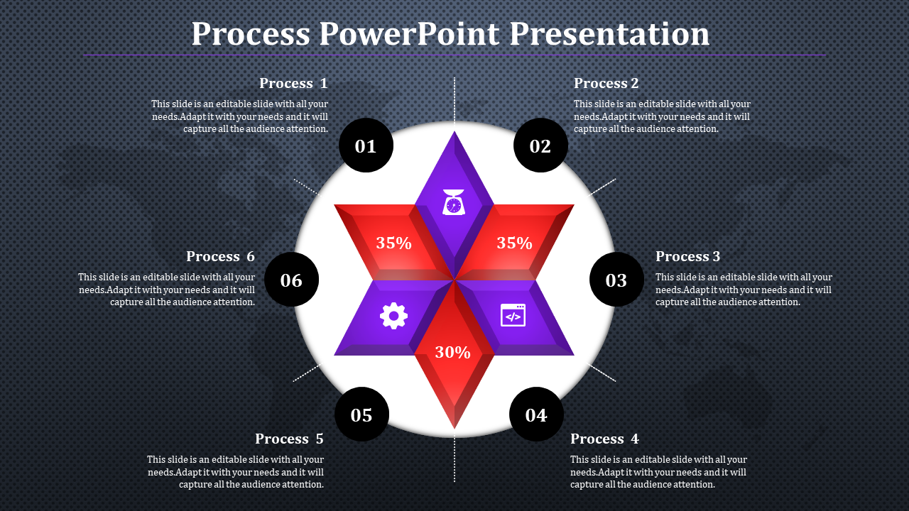 Six step process infographic with a red and purple star design, percentage values, and process icons in the center.