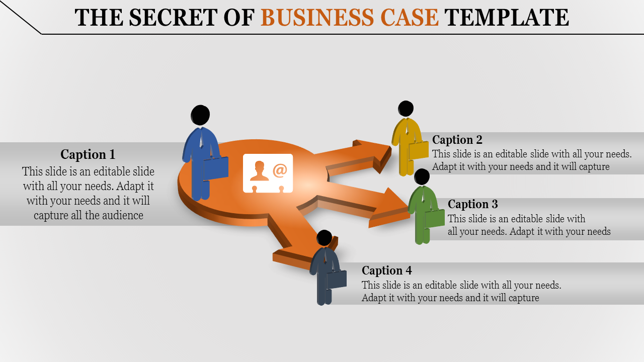 Business case slide showing four sections with icons and captions outlining various areas for content.