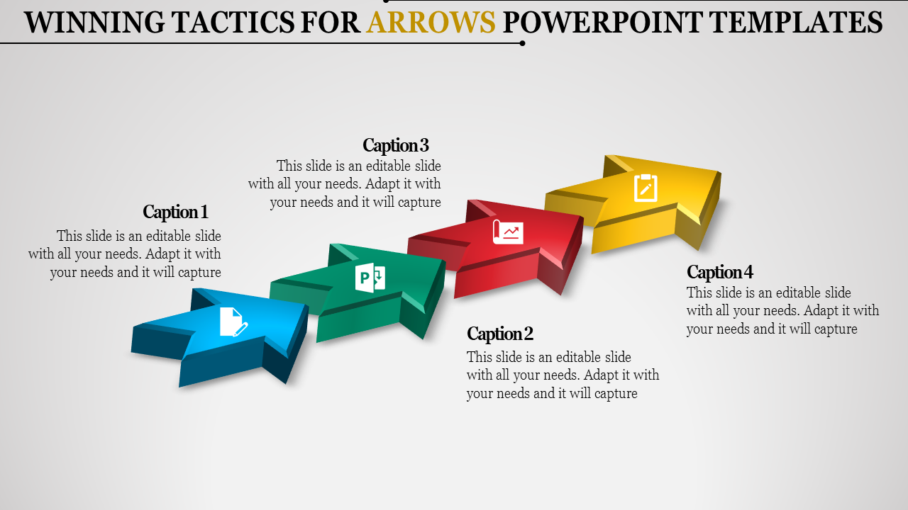 Four colorful 3D arrows in blue, green, red, and yellow, arranged diagonally with icons and captions for each step.