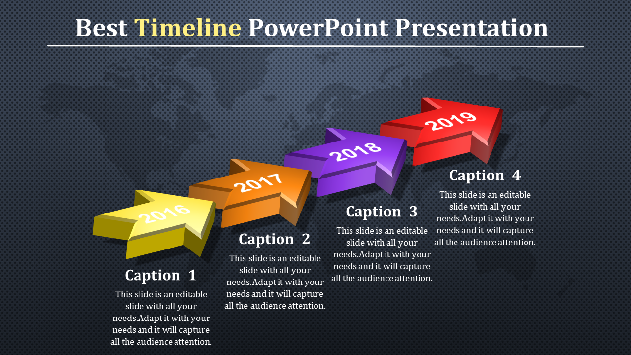 Timeline infographic with 3D arrows in yellow, orange, purple, and red, labeled 2016 to 2019, with captions below.