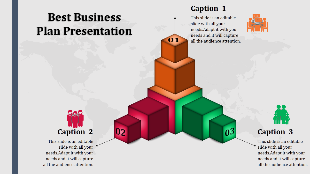 3D block pyramid diagram with three levels in orange, red, and green, labeled 01, 02, and 03 with captions and icons.