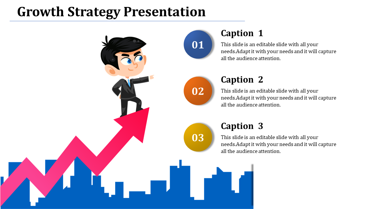 Growth strategy PowerPoint slide showing a businessman standing on a rising arrow with captions.