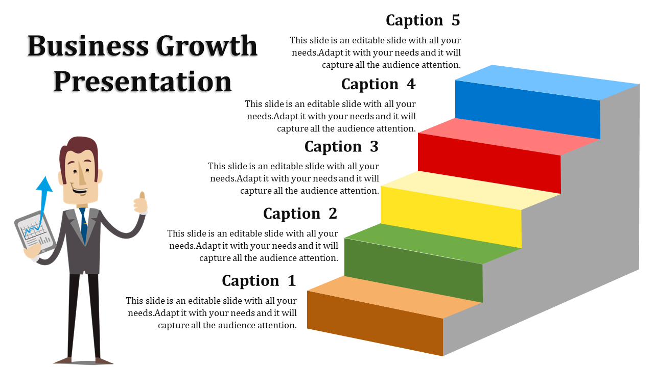 Colorful five step staircase with captions, featuring a person holding a chart on the left to depict business growth.