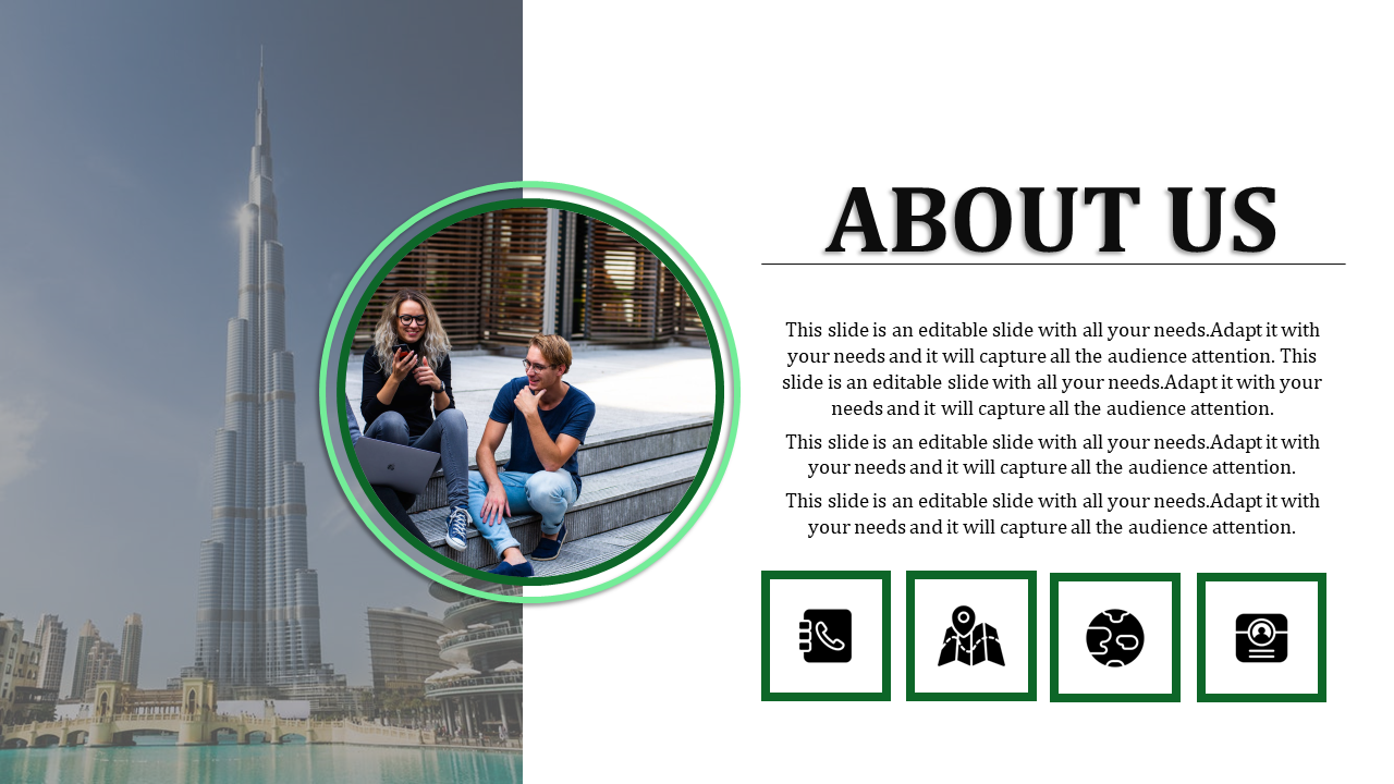 About Us slide with a photo of two people working, and the Burj Khalifa in the background, with icons below.