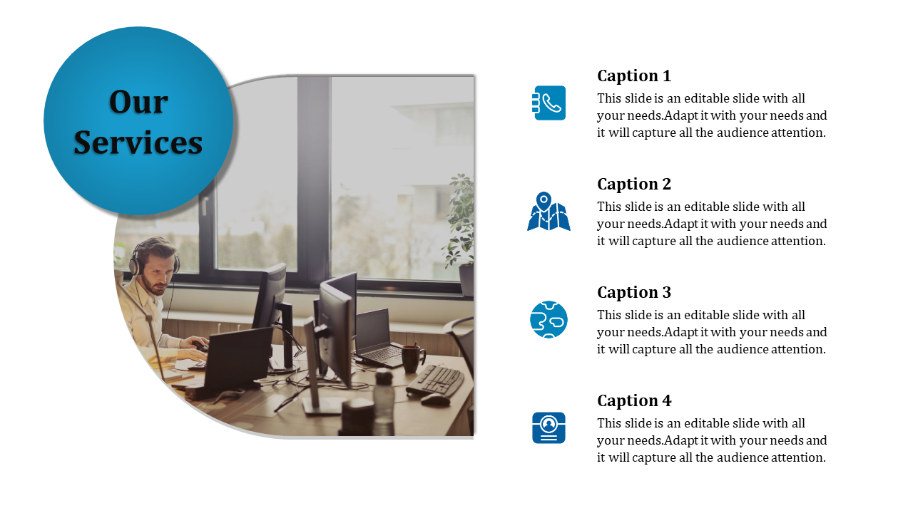 Business service slide featuring a semicircle image of a man working at a computer and four service descriptions with icons.