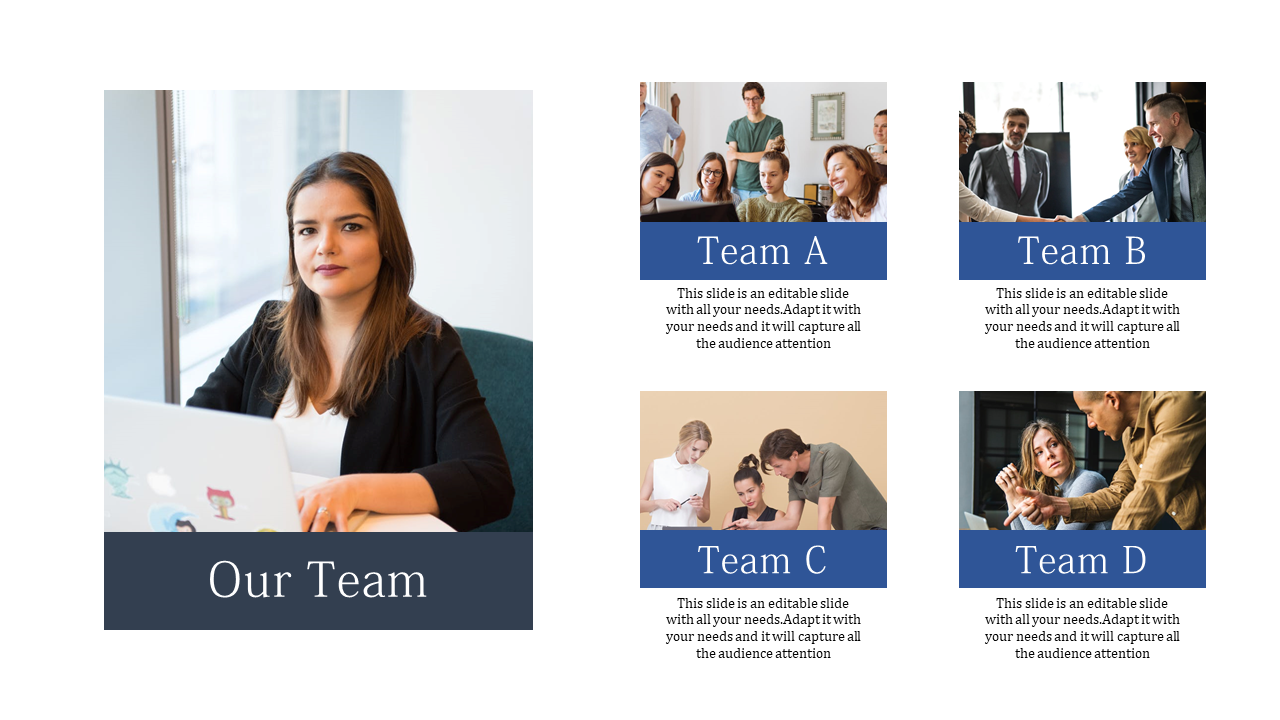 Our Team template with four sections for team member details with placeholder text.