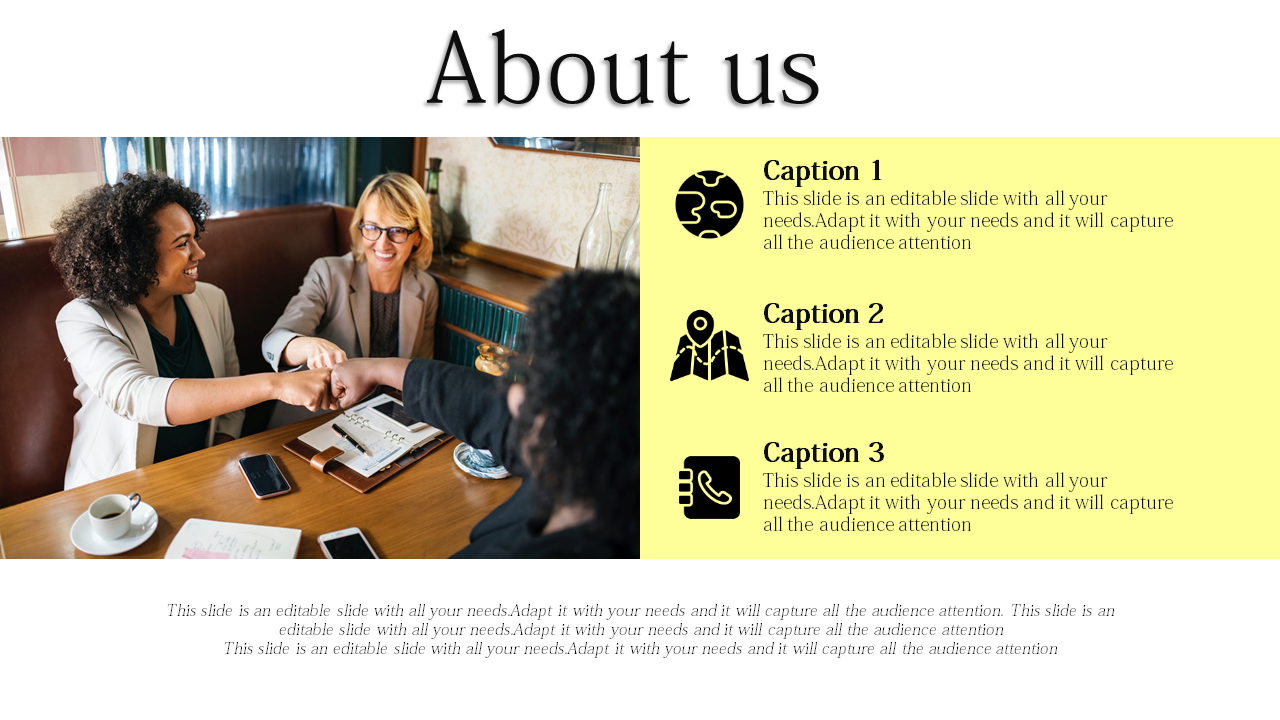 About Us template with three sections for company information with captions and icons with an alongside image.