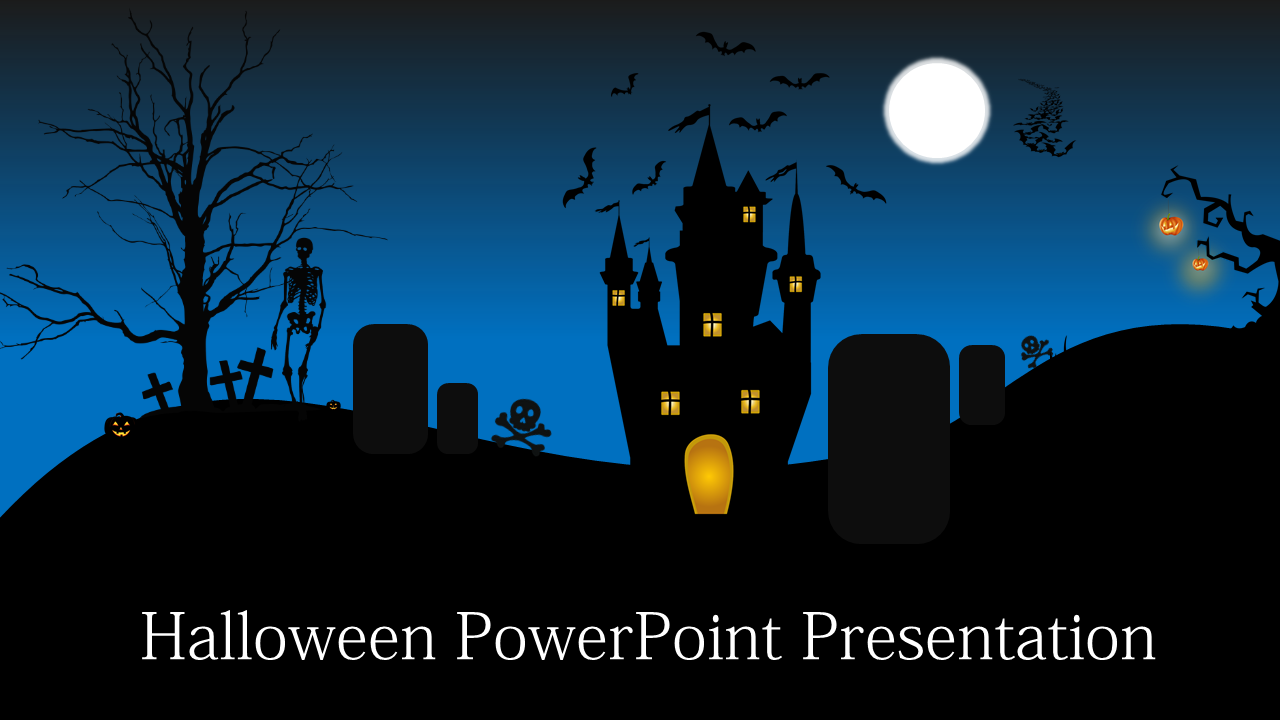 Halloween themed slide with a dark haunted castle, gravestones, full moon, bats, and a skeleton on a spooky blue background.