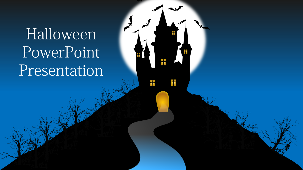 Spooky Halloween themed PowerPoint slide with a silhouette of a haunted castle against a glowing full moon and bats flying.