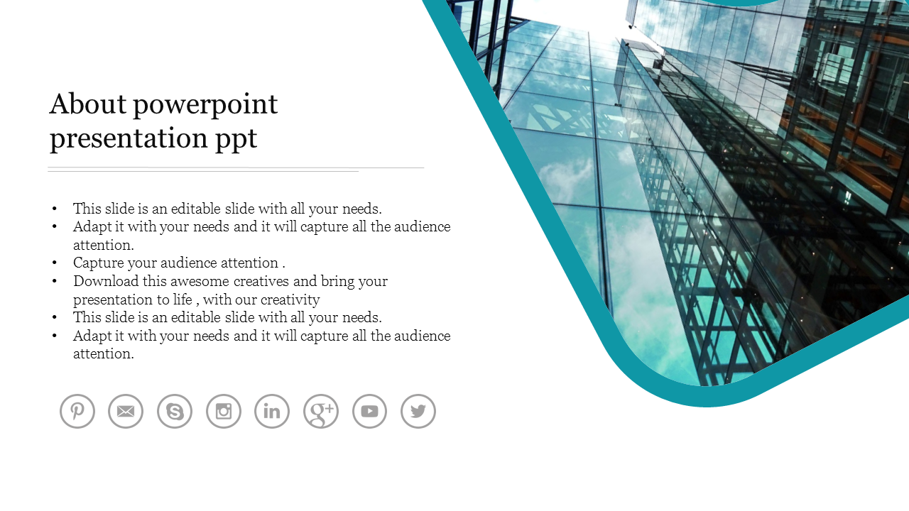 PowerPoint slide with text about its features and icons for social media platforms, next to a modern glass building.