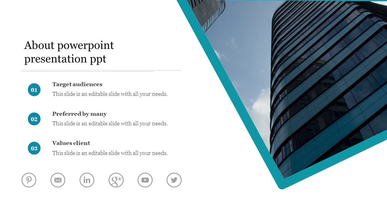 About PowerPoint Presentation slide with three key points and a background of a modern glass building and icons.