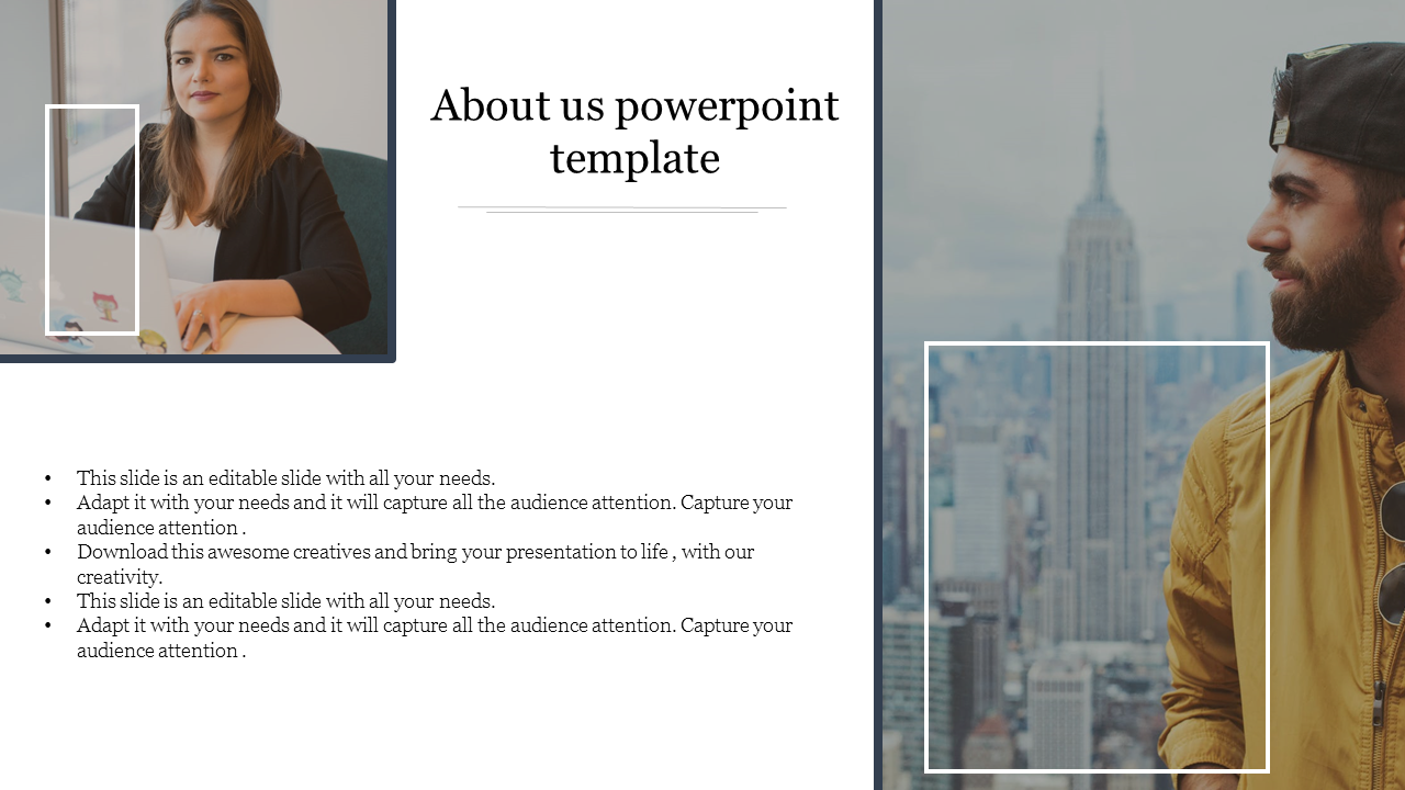 Split layout slide with a woman working on the left, a man against a city skyline on the right, and text in the center.