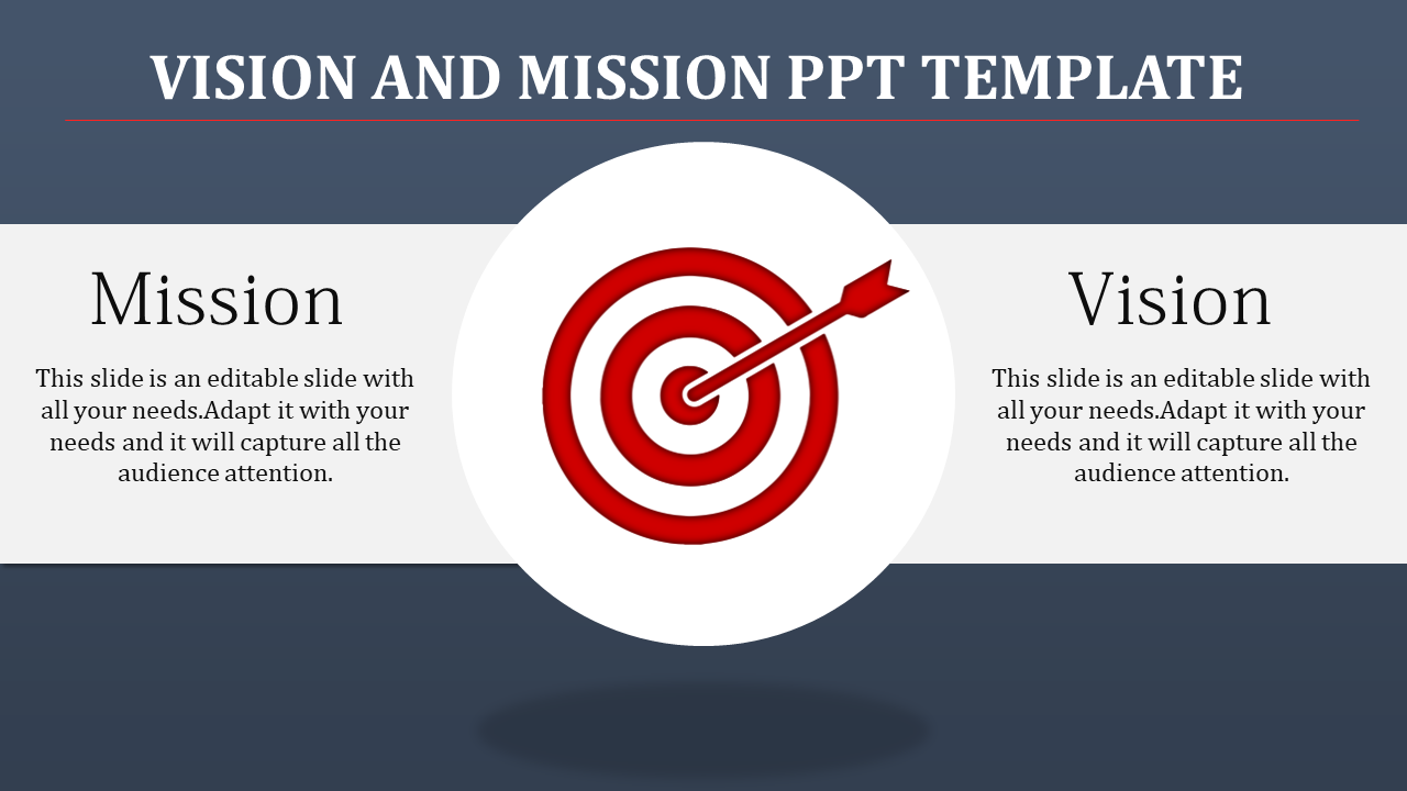 Slide featuring a red target symbol with an arrow in the center and text sections for both mission and vision.