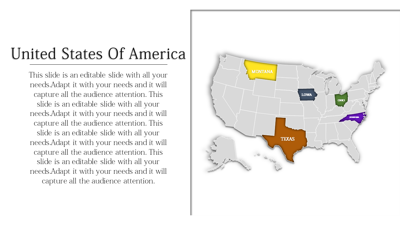 Map of the U.S. with Montana, Iowa, Ohio, and Texas highlighted, each in a different color with a caption areas.