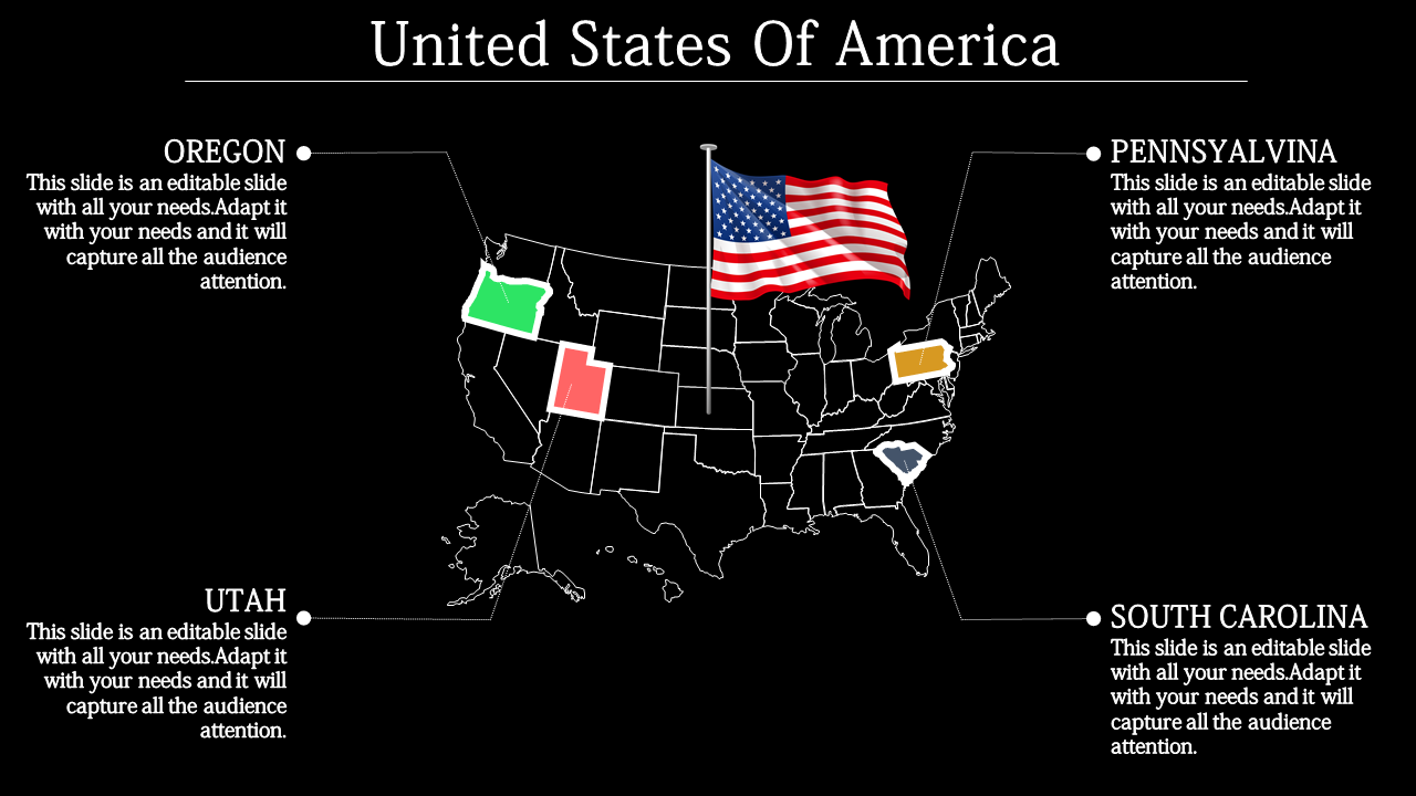 White outlined USA map with four colored states highlighted, connected to captions, and a central flag, on a black backdrop.