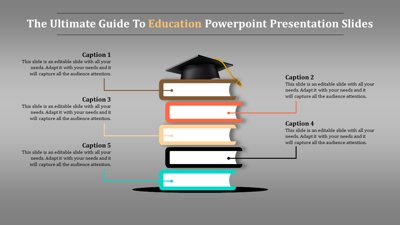 Education-themed slide with a stack of books topped by a graduation cap, highlighting five key points with placeholder text.