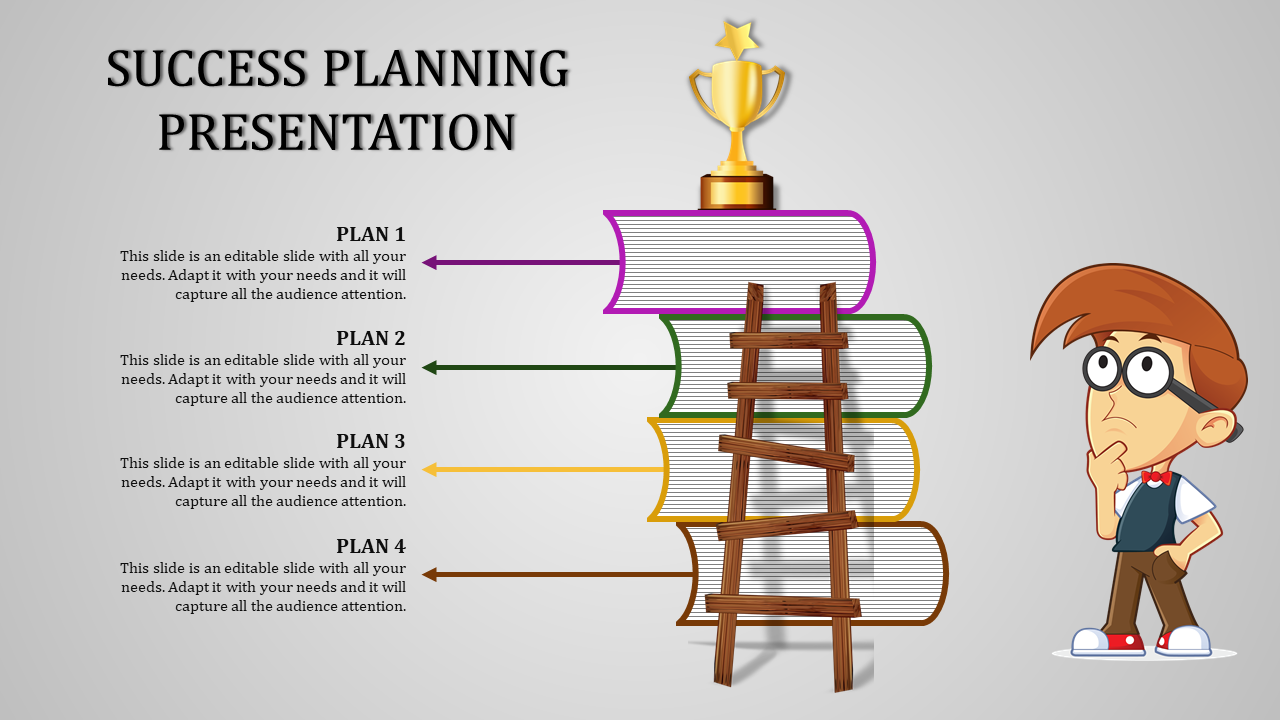 Stack of four colorful outlined books with a ladder leading to a gold trophy, and a character thinking on the right.