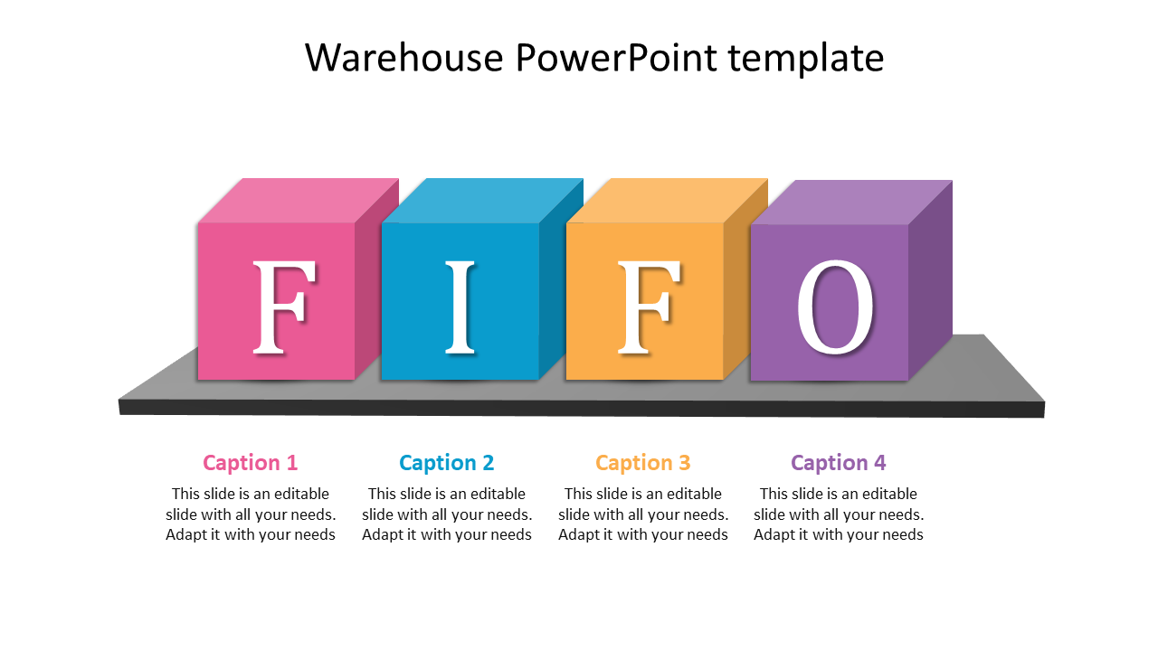 Four colorful 3D blocks in pink, blue, orange, and purple spelling FIFO on a gray platform, with captions below.