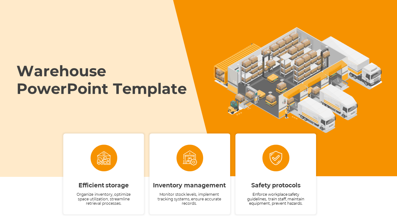 A slide showing efficient storage, inventory management, and safety protocols with a 3D warehouse model on an orange theme.