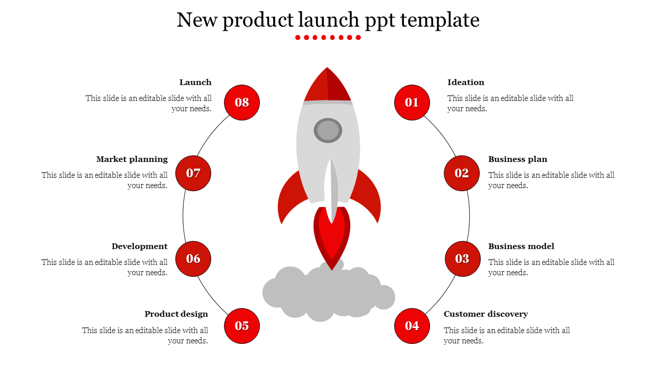 New product launch template featuring a rocket at the center and eight steps in a circular layout with text area.