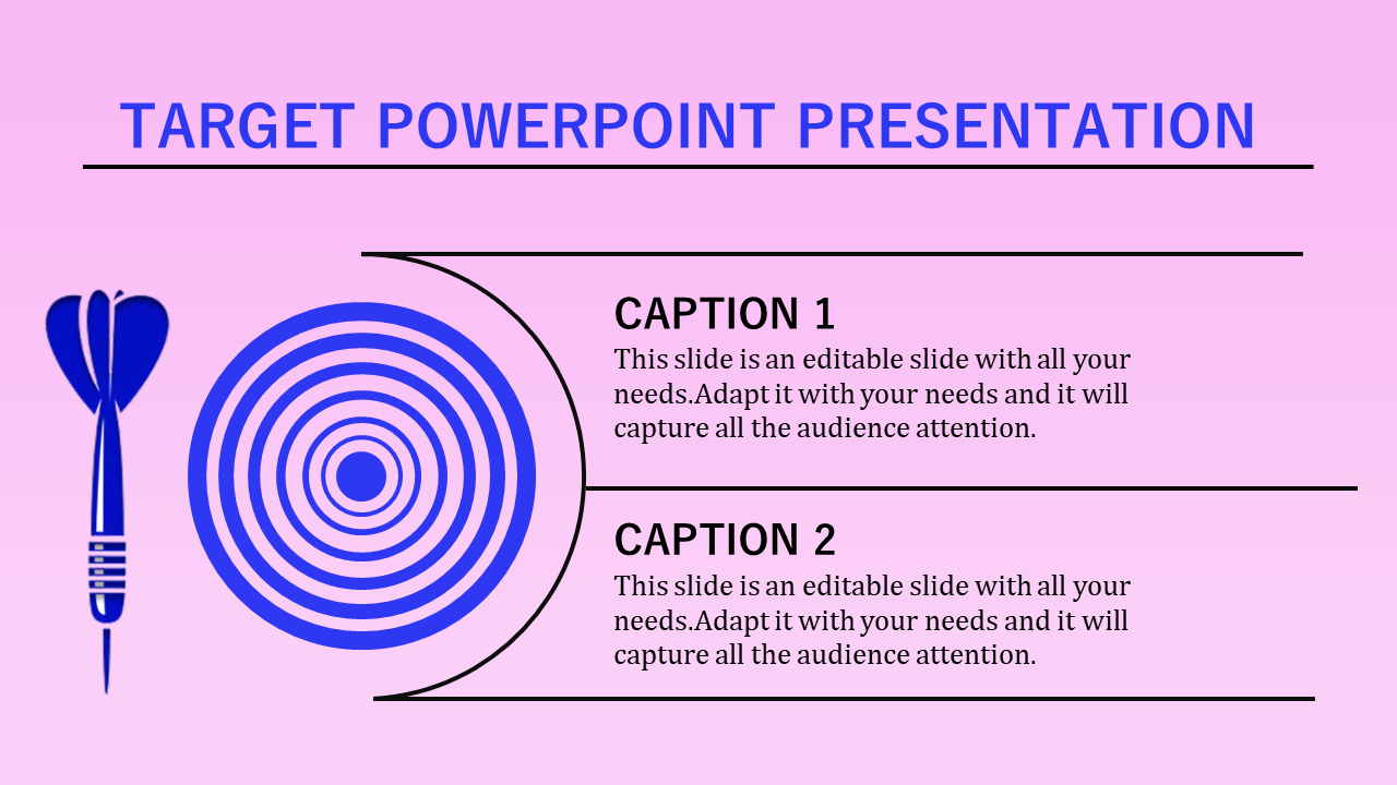 Blue target and dart graphic on the left with two text sections labeled 1 and 2 on a pink background.