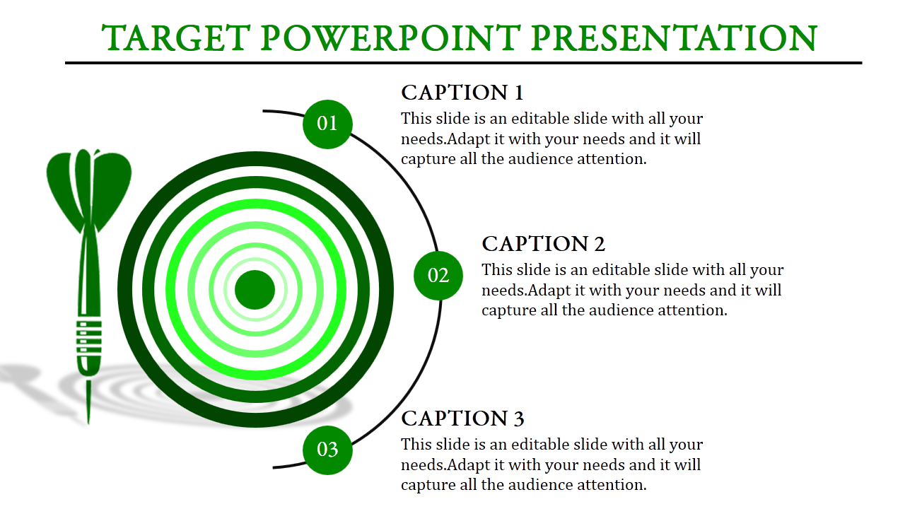 PowerPoint template featuring a green dartboard and dart with three numbered captions for targeted presentations.