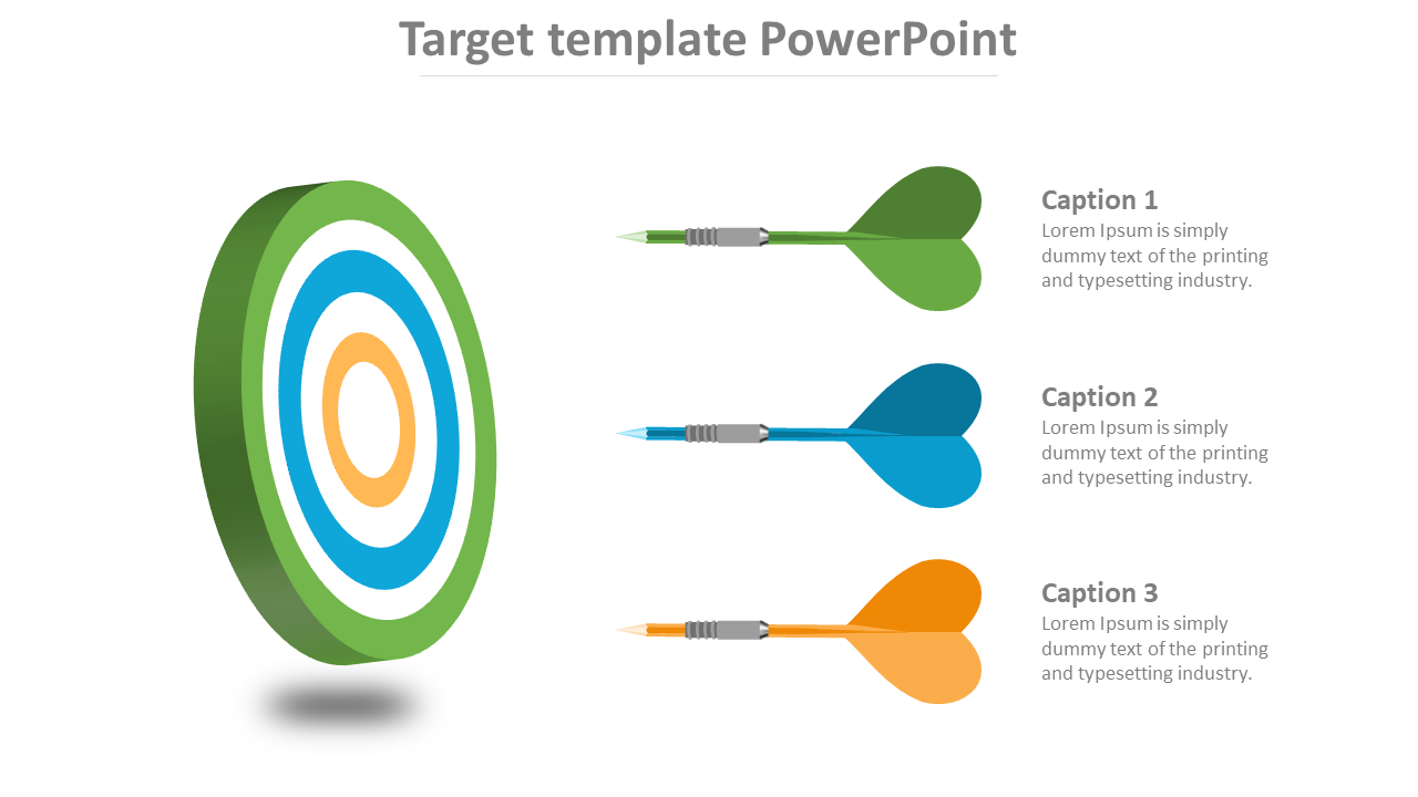 Colorful target with three darts in green, blue, and orange, aligned horizontally with captions on the right side.