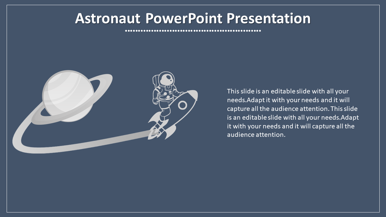 Illustration of an astronaut riding a rocket encircling a planet, text content, set on a dark gray background.