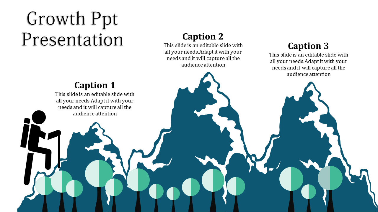 Mountain themed layout with trees and a hiking figure on the left, featuring three caption areas for content.