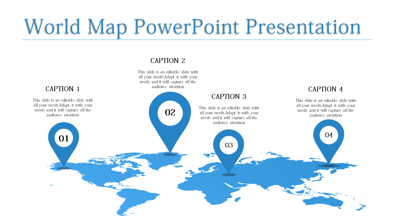 World map slide with four blue location markers, each featuring a caption and numbered icons.