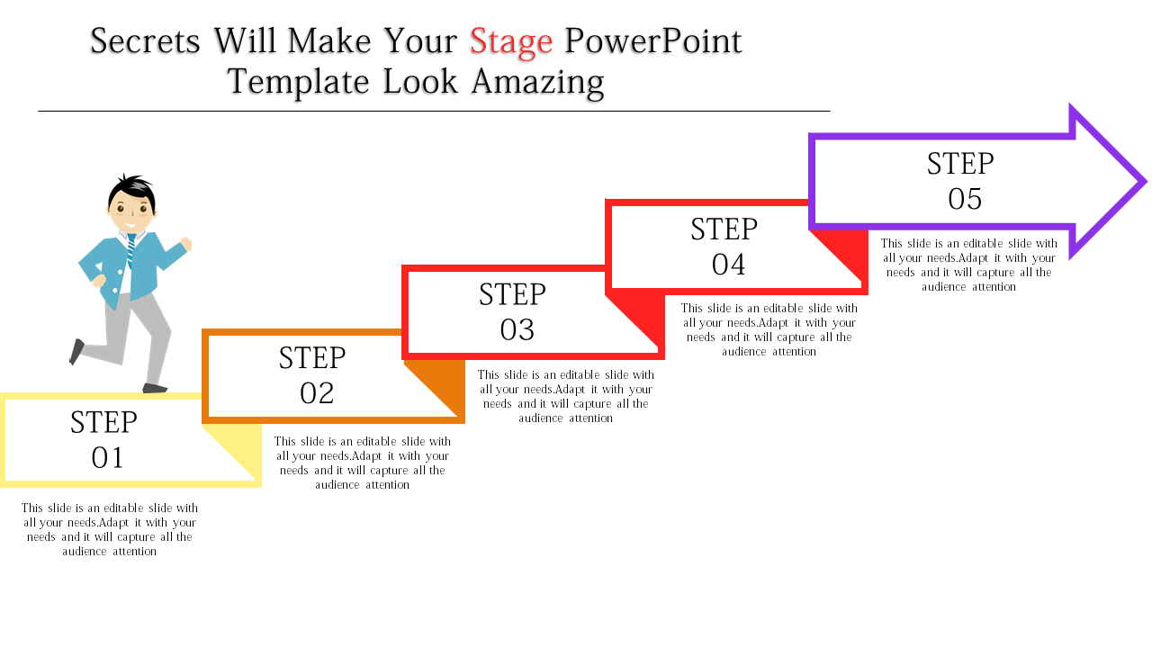 Stage progression diagram with five colorful steps and arrows, showcasing a person climbing from Step 1 to Step 5 in purple.