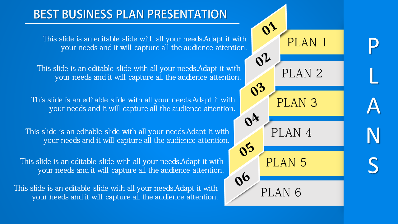 Six step business plan diagram with numbered yellow banners and aligned plan titles on a blue background.