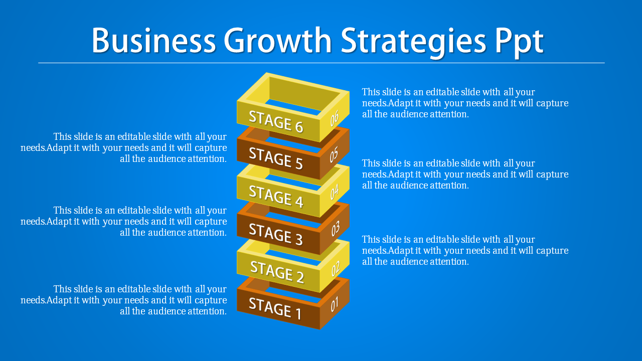 Six stacked rectangular stages labeled 1 to 6 in yellow and orange, with text on both sides against a blue background.