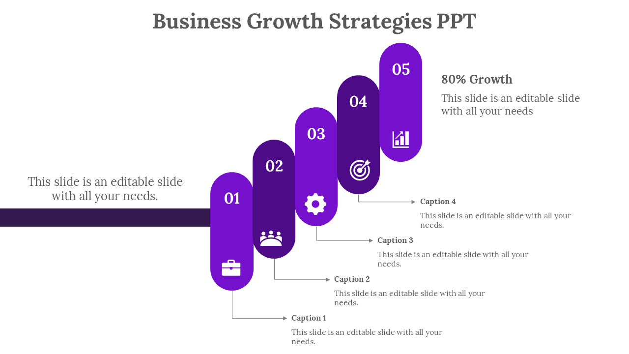 Business growth strategies PPT slide featuring five purple ascending steps with icons and 80 percent growth with captions.