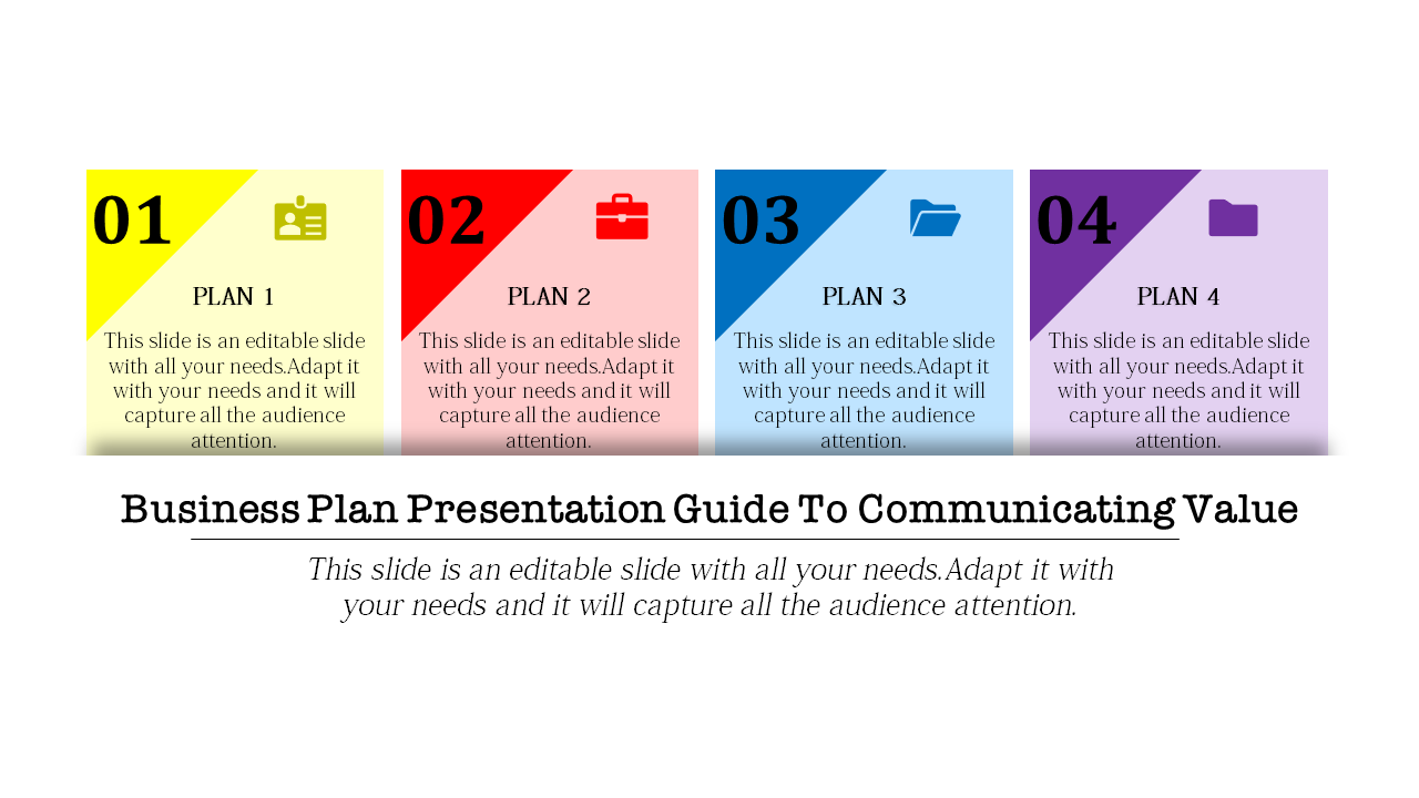 Business plan slide with four sections in yellow, red, blue, and purple featuring numbered plans and icons.