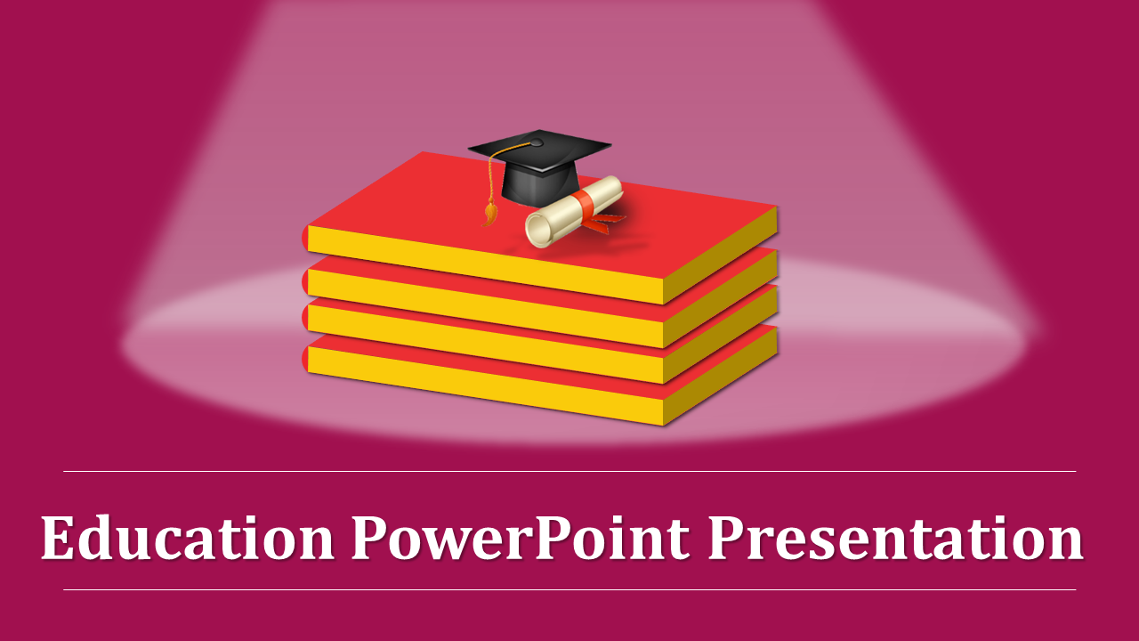 Stack of red and yellow books with a graduation cap and diploma on top, under a spotlight on a pink background.