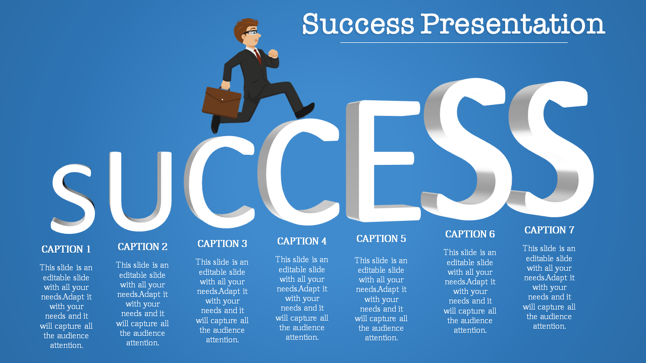 Slide featuring a businessman jumping across large letters spelling SUCCESS, with multiple captions on a blue backdrop.