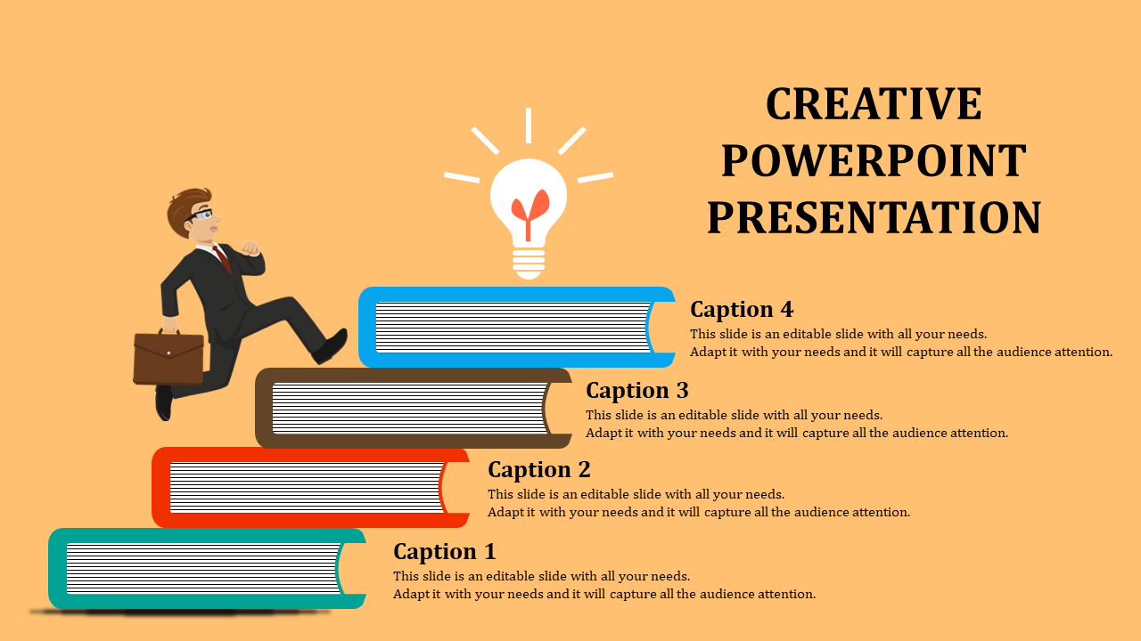 Creative slide showing four books in a staircase design with captions and a glowing light bulb at the top.