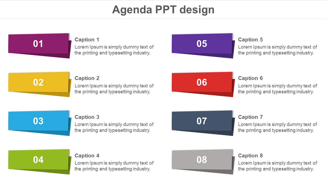 Agenda template featuring eight stacked ribbons in distinct colors, numbered 01 to 08, with placeholder text areas.