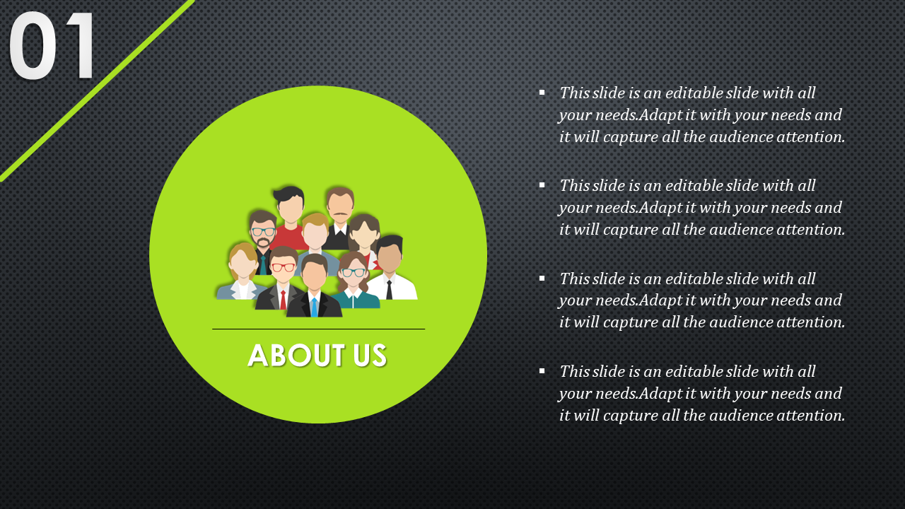 About us with a group of cartoon-style people inside a green circle and four placeholder text areas. 