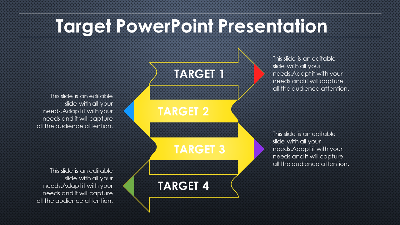 Four yellow arrows pointing right and left, labeled 1 to 4, with text blocks on both sides, on a dark textured background.