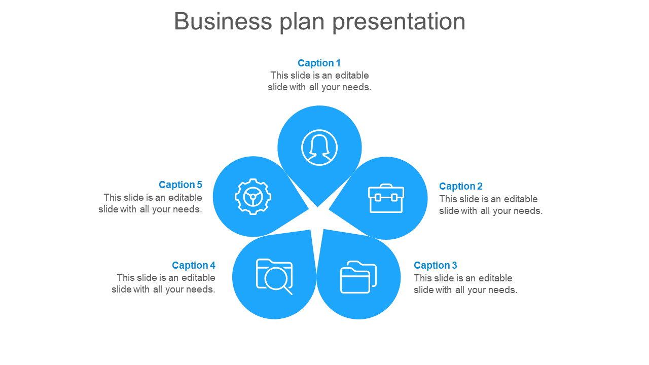 Business plan PowerPoint template with five blue color icons in a circular format with placeholder text on a white backdrop.