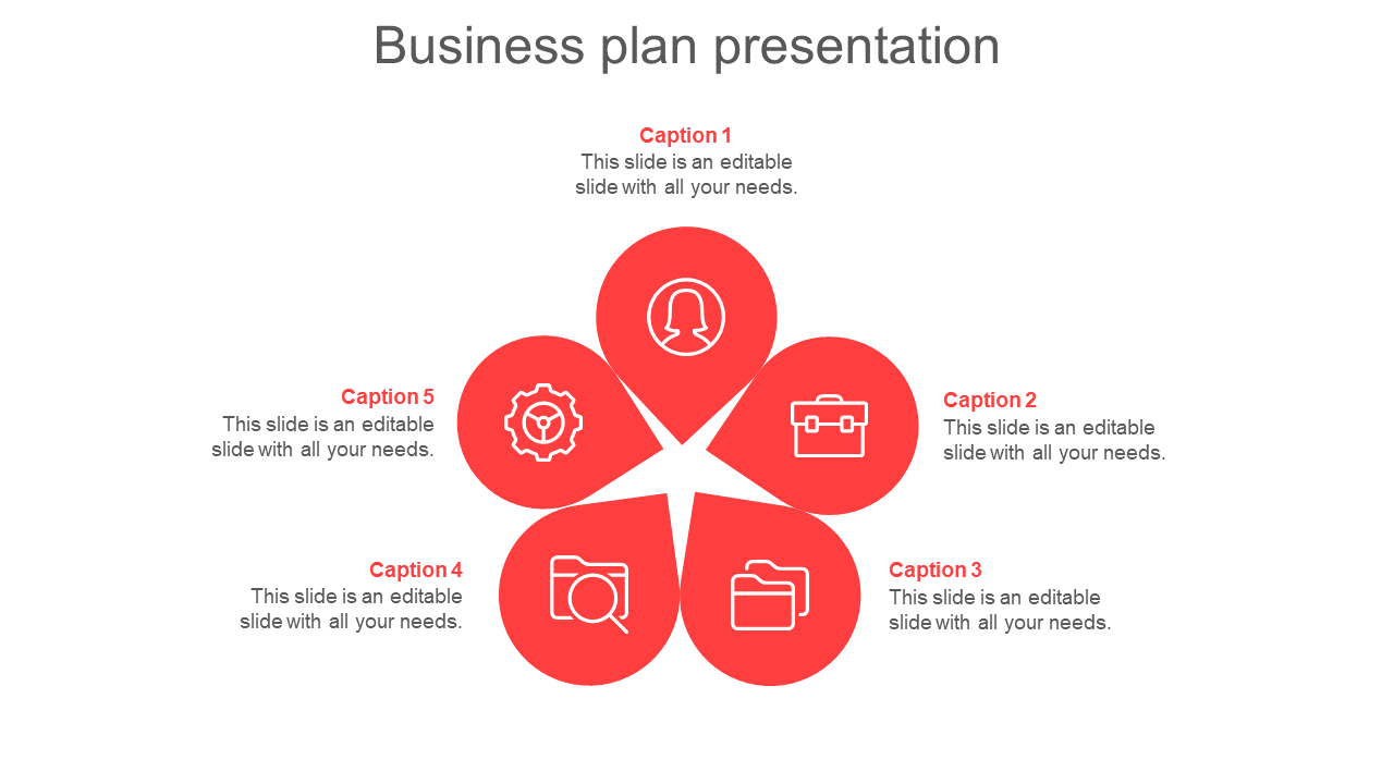 Business plan presentation slide with a red petal shaped diagram featuring five icons and captions around it.