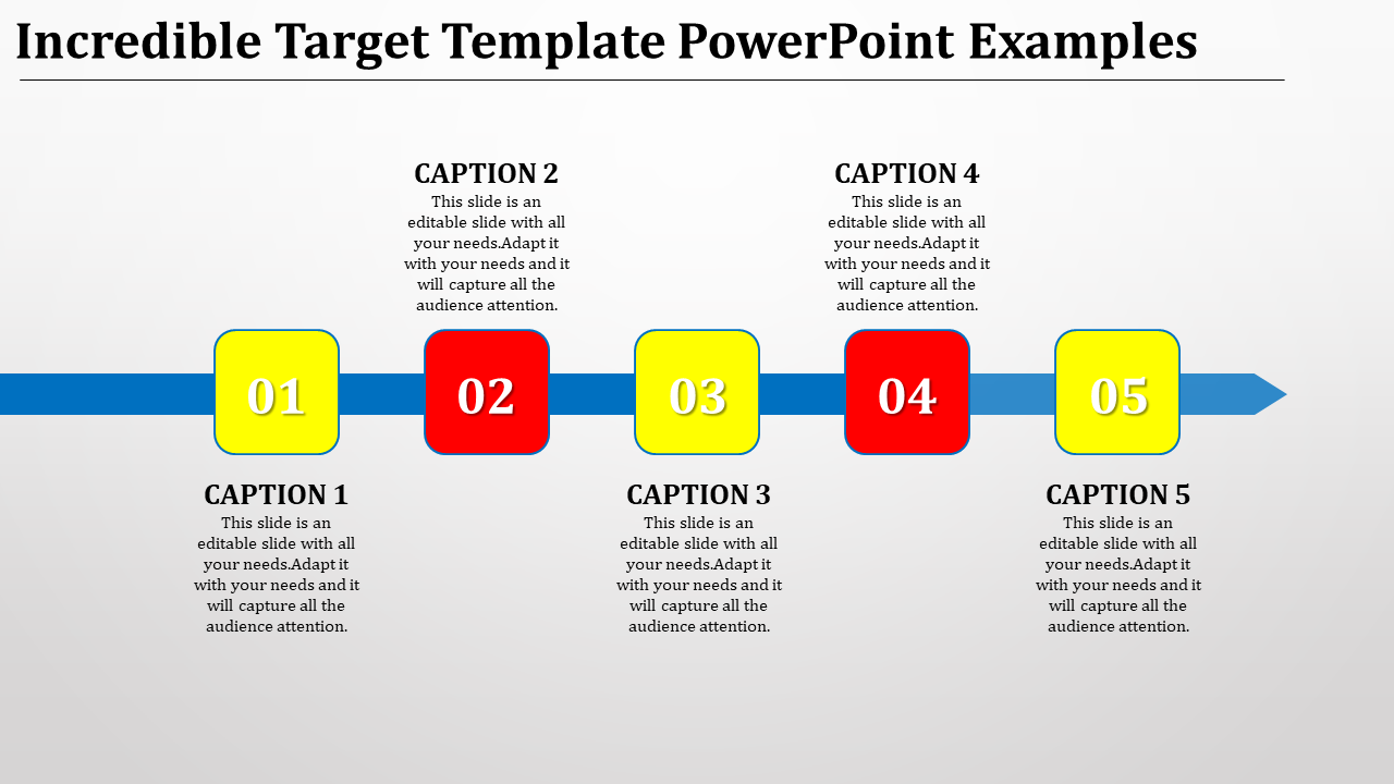 PowerPoint slide featuring a horizontal target design with five colored sections, each labeled with a number from 1 to 5.