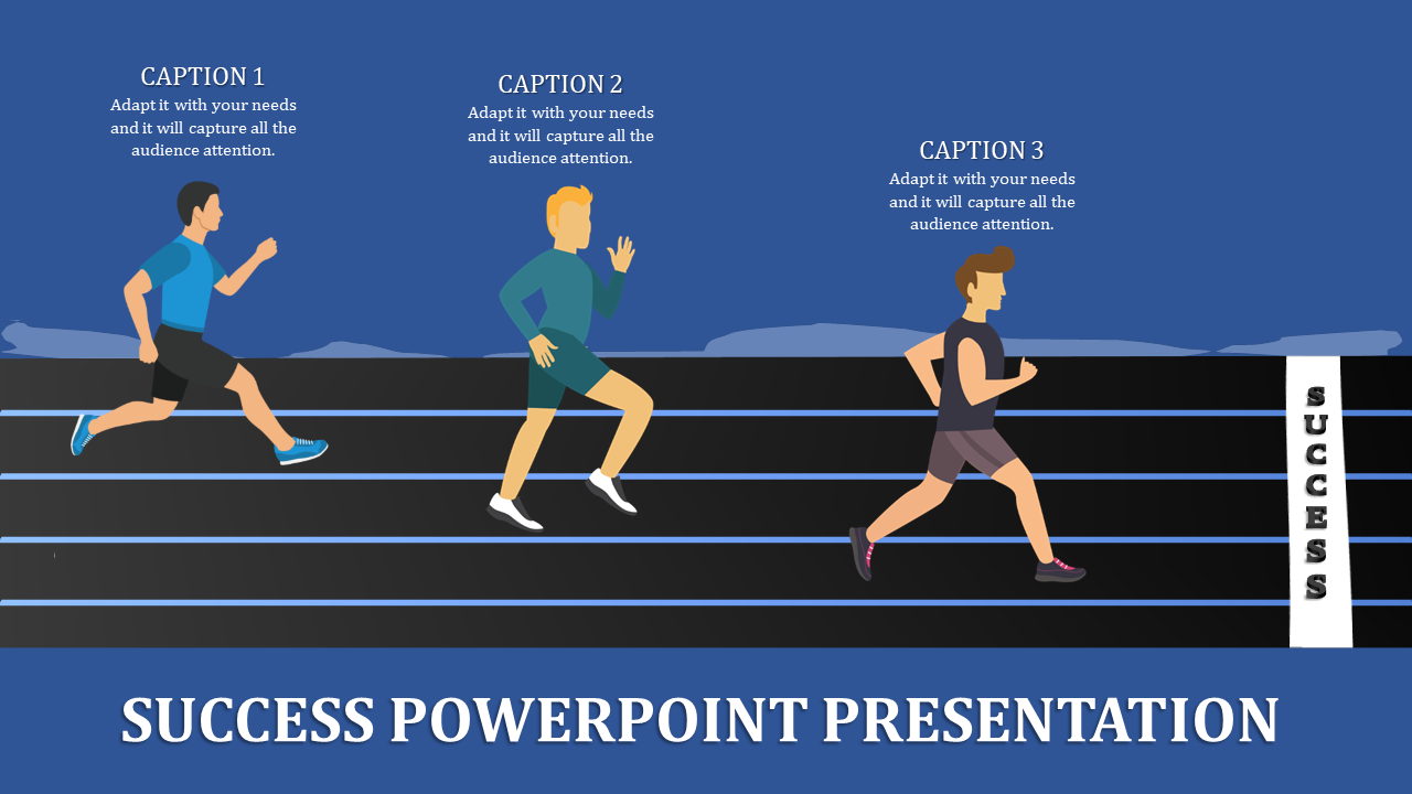 Success themed slide with three runners on black tracks under three captions in a dark background.