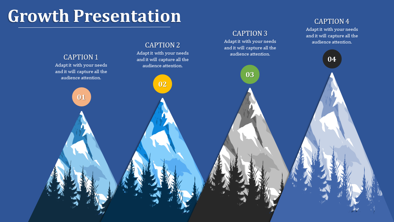 Growth infographic with four mountain peaks labeled 01 to 04, each featuring captions and gradient color variations.