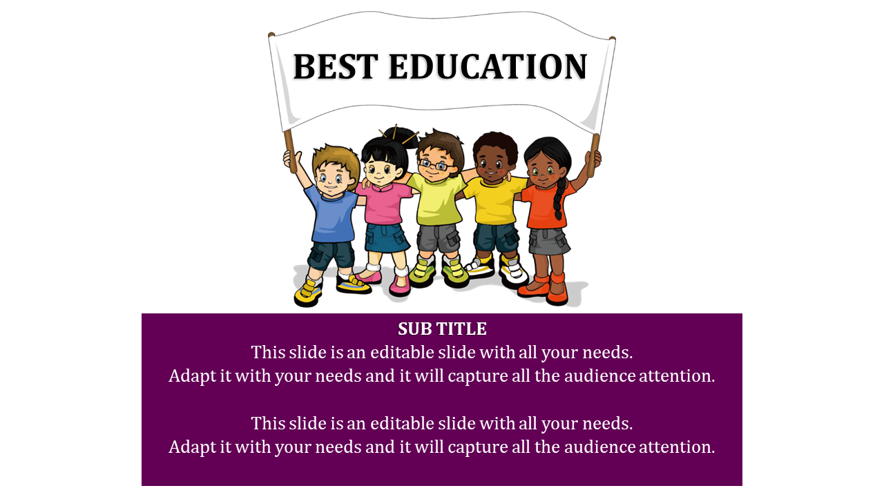 Illustration of children standing together with a best education sign above and a purple text box below.